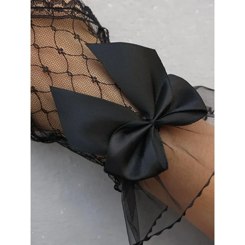 Women's Front Wrist Cuff Floral Lace Bow Wrist Black Mesh Bridal Prom Gloves